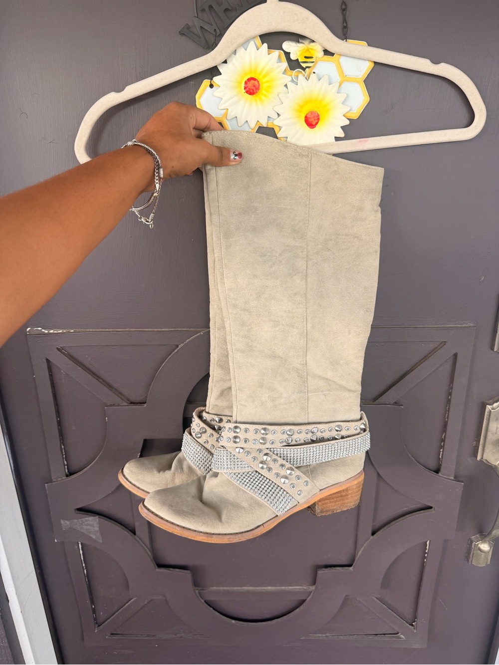 Not Rated Light Taupe Suede Mid-Calf Boots with Studded Wrap Straps - Women's